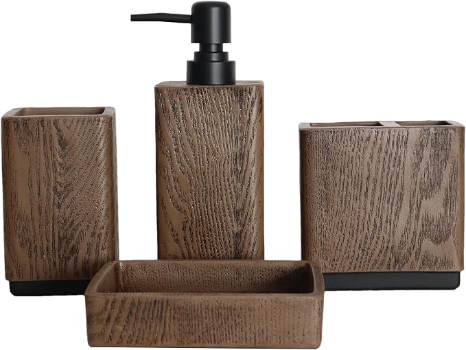 Hymmah Wood Grain Design Bathroom Accessories Set, Farmhouse Bathroom Decor by Hymmah