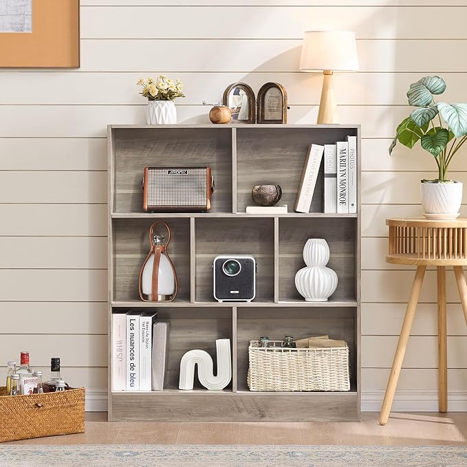 LEYAOYAO 7 Cube Bookshelf with Base, 3 Tier Mid-Century Modern Grey Bookcase - Image 7