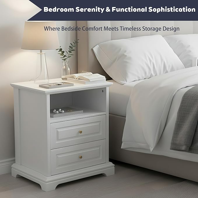 White Nightstand with 2 Drawers & Open Shelf, 21.2"x16.5"x24.0" Bedside Table - Image 7