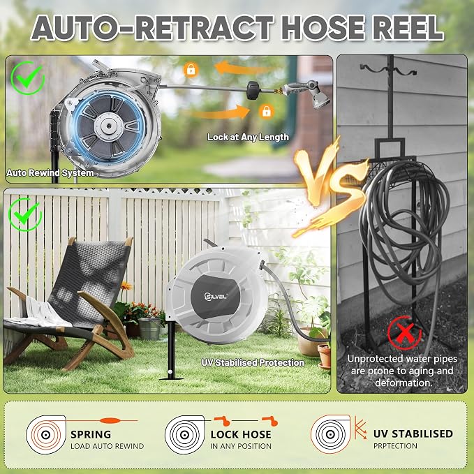 SILVEL Automatic Retractable Garden Hose Reel on Metal Spike, 1/2 in x 90FT - Image 2