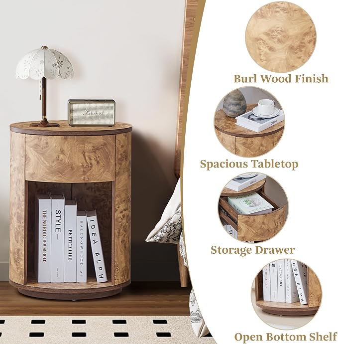 Side Table with Drawer, Round Bedside Table with Open Shelf, Farmhouse Burl - Image 6