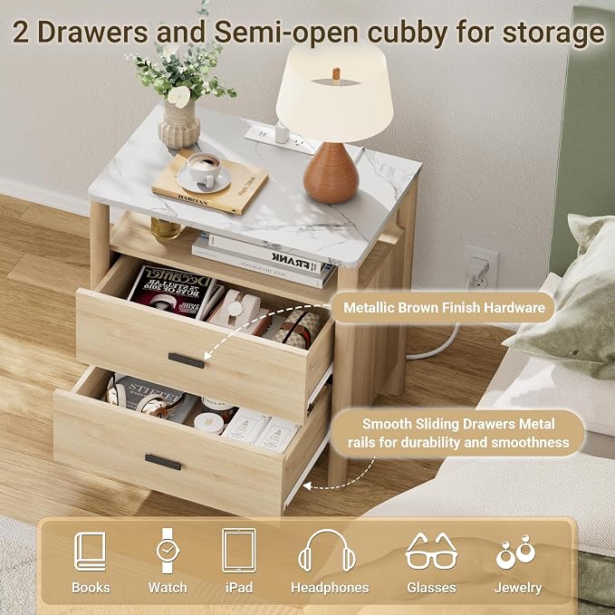 Night Stand Set of 2 with Charging Station, 2 Drawers End Table with Solid - Image 5