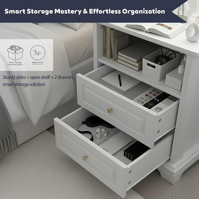 White Nightstand with 2 Drawers & Open Shelf, 21.2"x16.5"x24.0" Bedside Table - Image 5