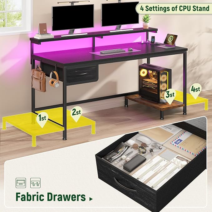 39.3" Gaming Desk with Power Outlet and LED Lights, Computer Desk with - Image 8