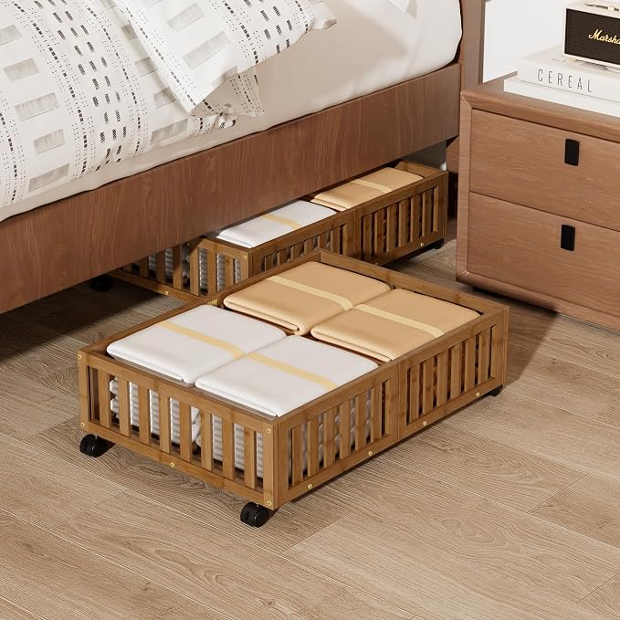 Bamboo Under Bed Storage with Wheels, Rolling Underbed Shoe Organizer Box by Bambooflow