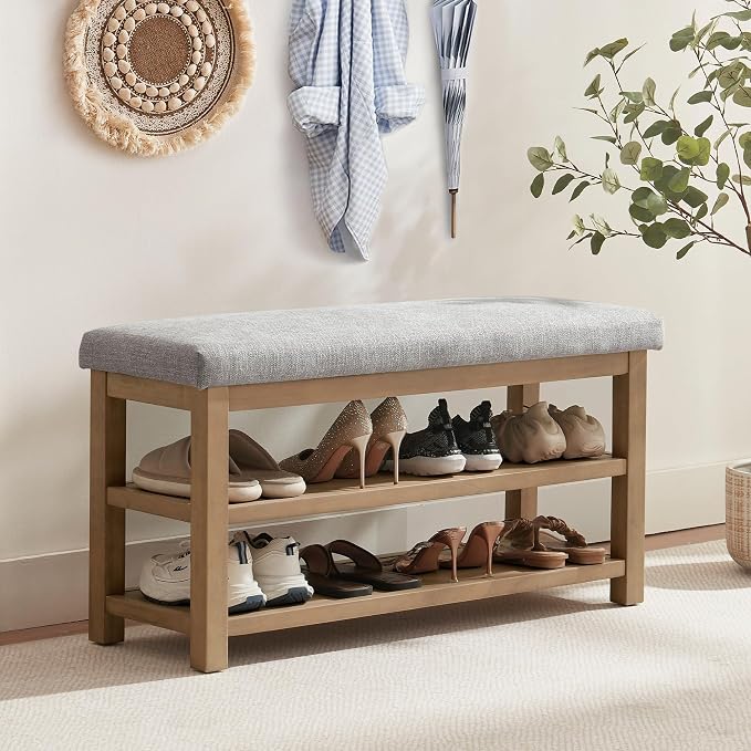 2 Tier Shoe Rack Bench with Cushion, Solid Wood Shoe Benches, Mid-Century - Image 3