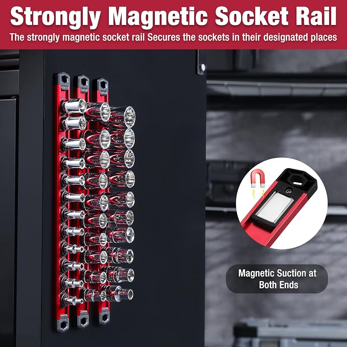 WORKPRO Magnetic Socket Organizer Set, 3-Piece Aluminum Alloy Socket Rail - Image 9