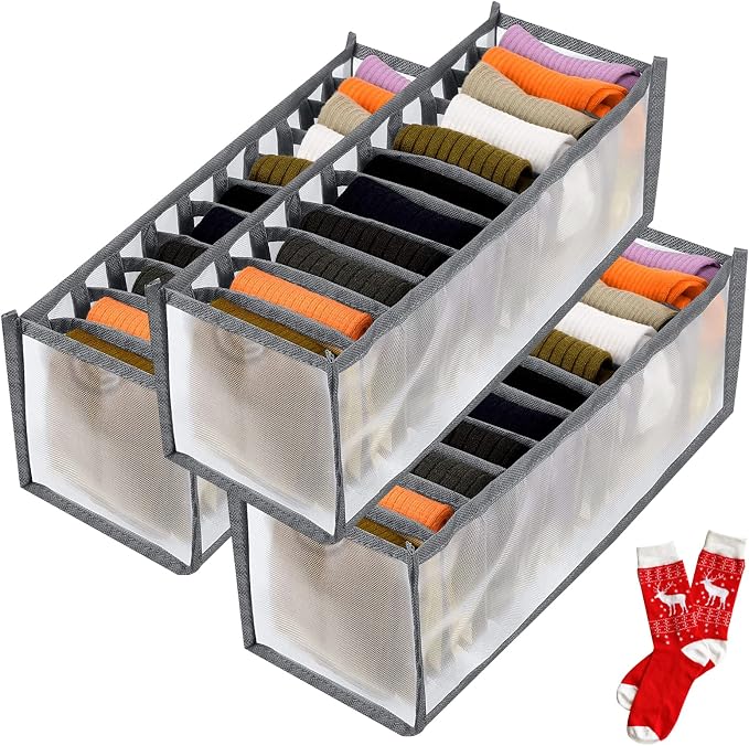 TOOVREN Sock Drawer Organizer 3 Pack, Mesh Foldable Cabinet Closet Organizers by TOOVREN