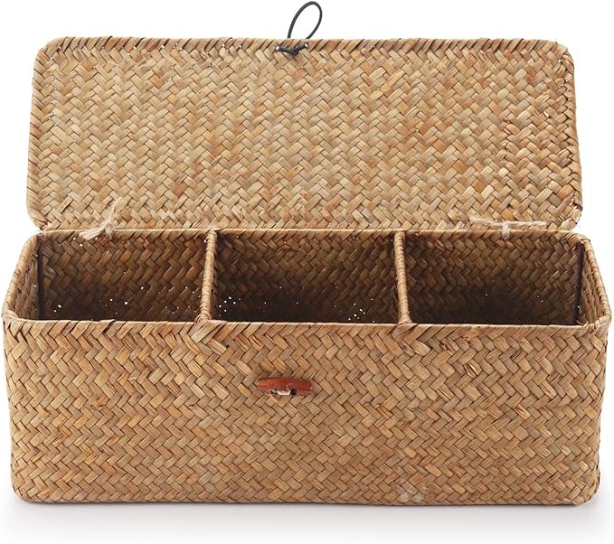 Seagrass Storage Basket with Lid Rectangular Small Woven Shelf Baskets with - Image 2