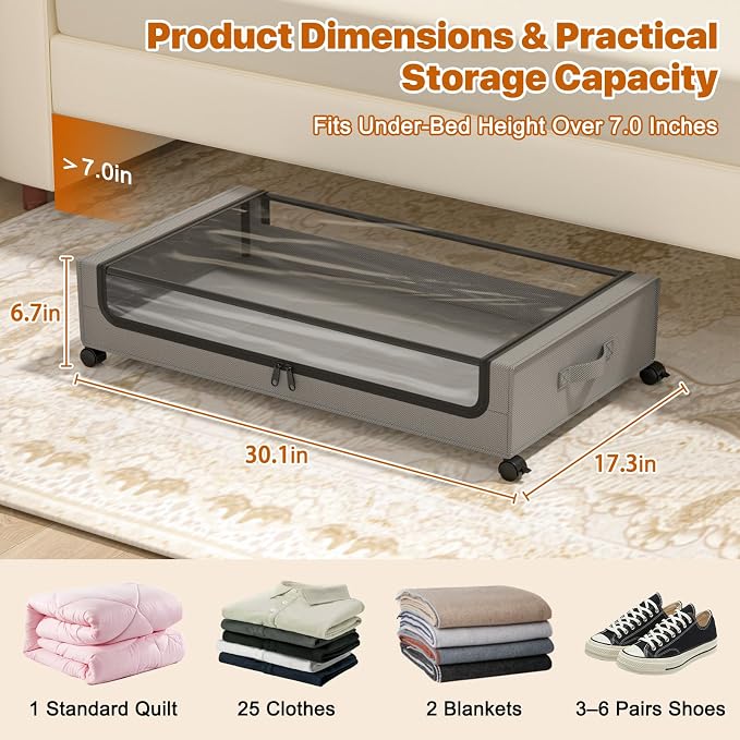 Under Bed Storage with Wheels, XXL 60L Under Bed Storage Containers with Clear - Image 2