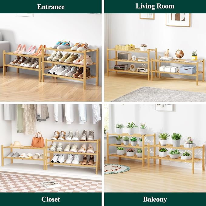 Smiry Bamboo Shoe Rack for Closet, 4 Tier Wooden Stackable Shoe Organizer - Image 7
