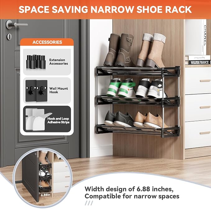 3 Tier Narrow Shoe Rack with Hook and Loop Sticky Adhesive Strips Shoe Shelf - Image 3