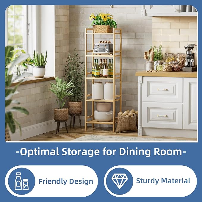 HITNET Tall Narrow Bookshelf, 5 Tier Bathroom Shelf Bamboo, Floor Standing - Image 4