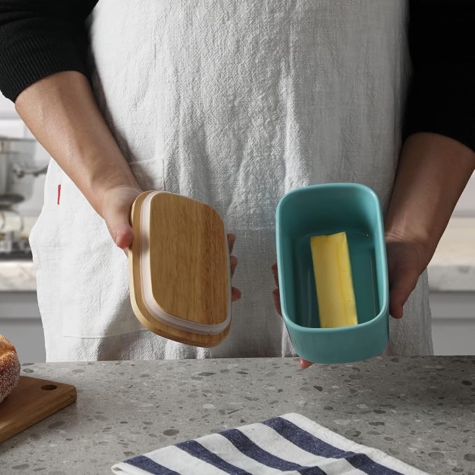 Ceramics Butter Dish with Wooden Lid- Large Covered Butter Holder - Image 6
