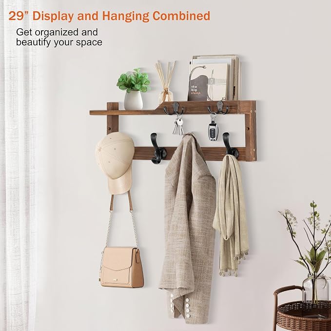 Coat Rack Wall Mount with Shelf, Coat Hanger Wall Mount with Key Hooks and Mail - Image 5