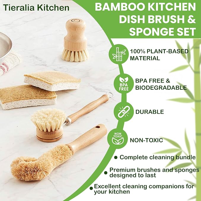Tieralia Bamboo Dish Brush Gift Set – 5-Piece Kitchen Cleaning Bundle - Image 7
