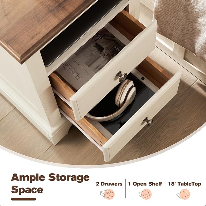 T4TREAM Nightstand with Charging Station, 18 Inch Vintage End Table with 2 - Image 5