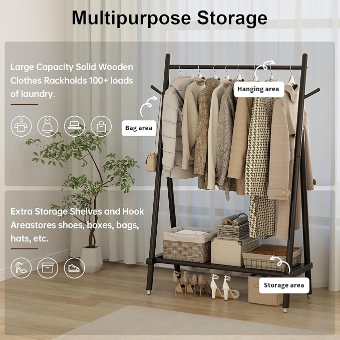 Solid Wood Clothing Rack, Rolling Clothes Rack - Image 3