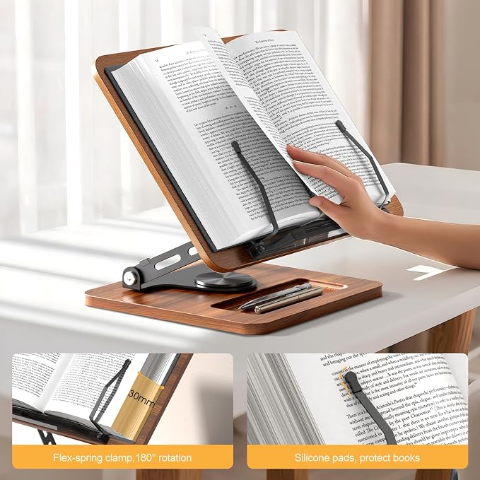 Book Stand for Reading, 360° Rotating Hands Free Book Holder, Adjustable Height - Image 8