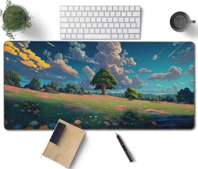 Anime Grass Flowers Blue Sky Large Mouse Pad, Vintage Aesthetic Gaming Desk Mat by Unknown