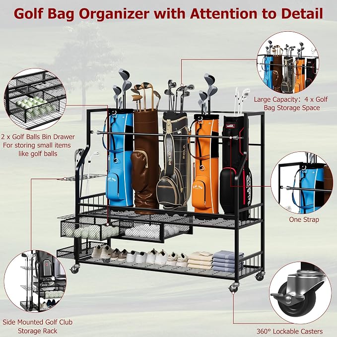 Golf Bag Storage Rack on Wheels, Mobile 5-Bag Organizer - Image 4