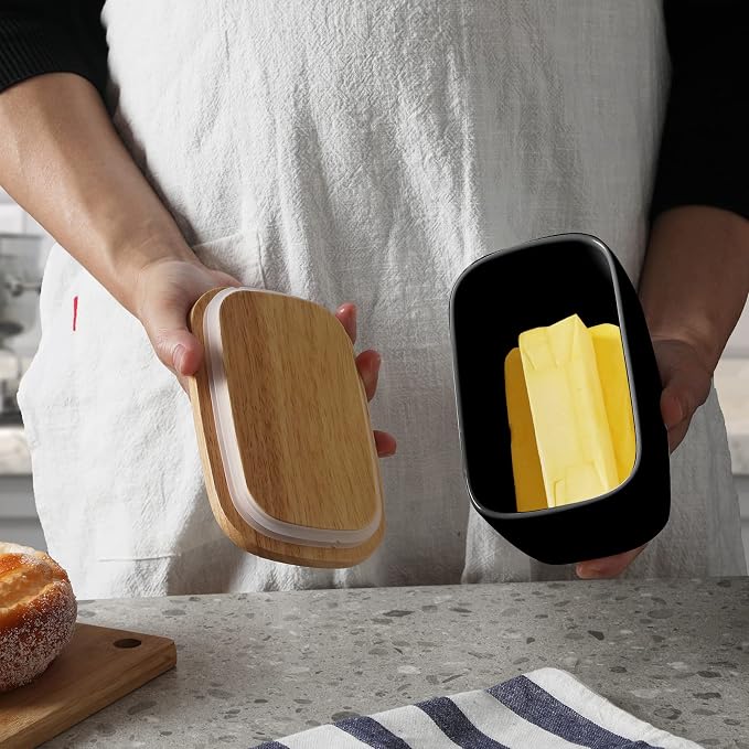 GDCZ Ceramics Butter Dish with Wooden Lid- Large Covered Butter Holder - Image 6