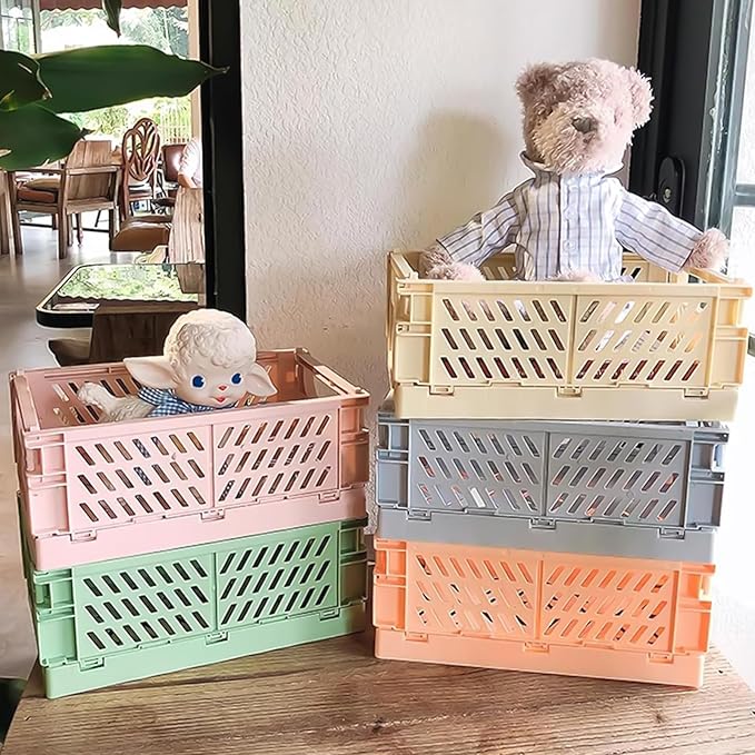 Small Pastel Plastic Storage Bins 2Pcs Foldable Pastel Crates Plastic Basket - Image 3