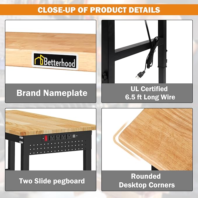 Betterhood 48" Adjustable Workbench on Wheels, Rubber Wood Heavy Duty - Image 4