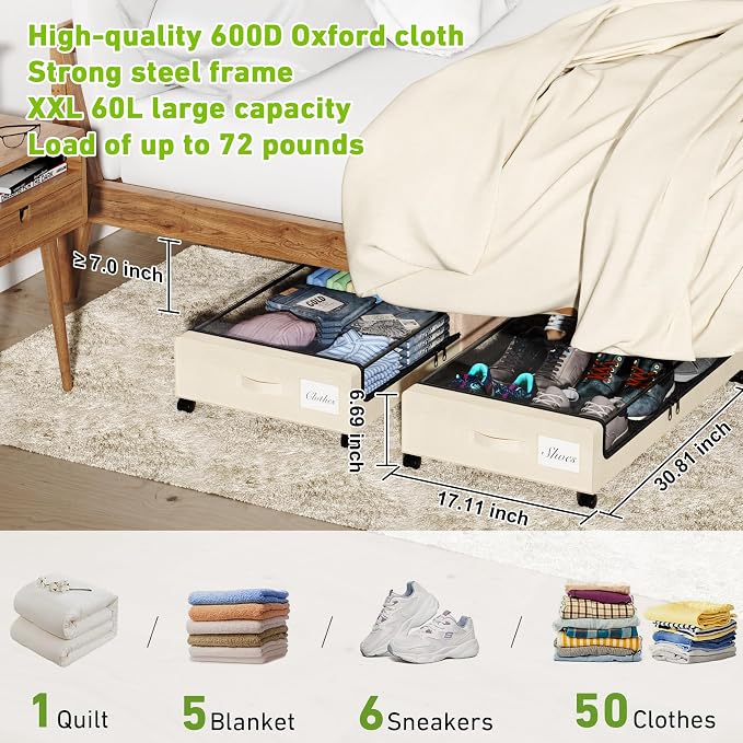 Under Bed Storage with Wheels, XXL 60L Under the Bed Storage Bins, Underbed - Image 2