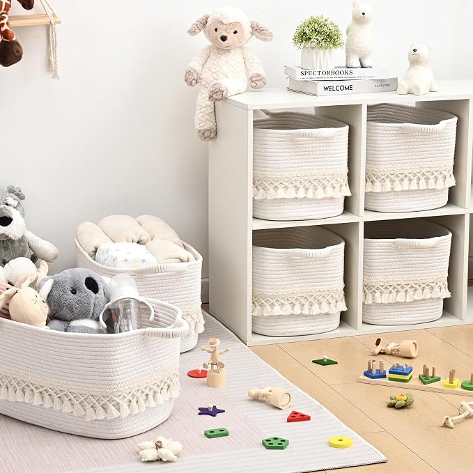 3 Pack Storage Basket for Shelves, Boho Cotton Rope Storage Bins - Image 4