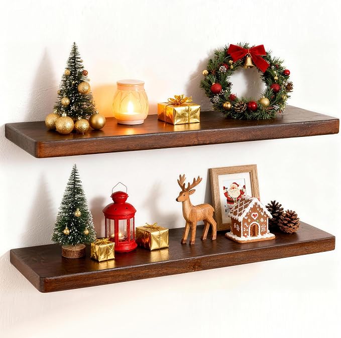 24" Rustic Walnut Wood Floating Shelves, 8 Inch Deep Wall Shelves by FunMemories
