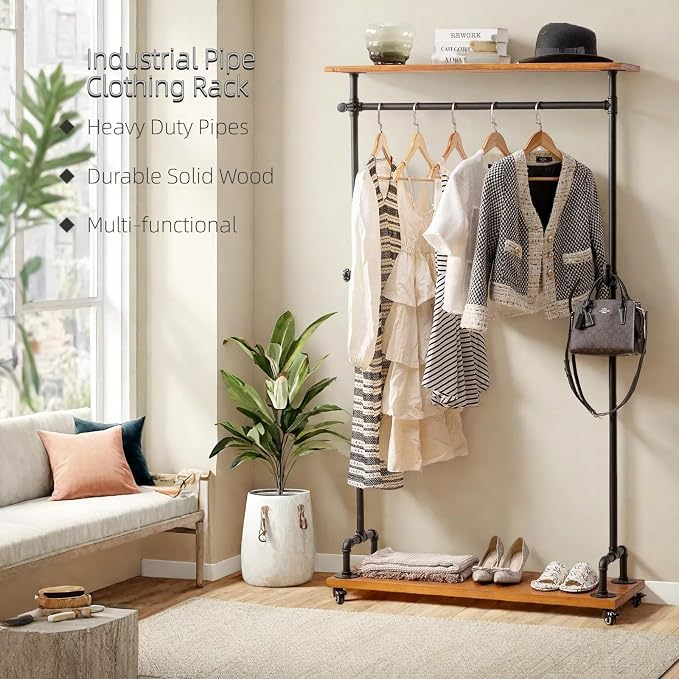 Industrial Pipe Clothing Racks, Rolling Garment Racks, Hall Tree on Lockable - Image 3