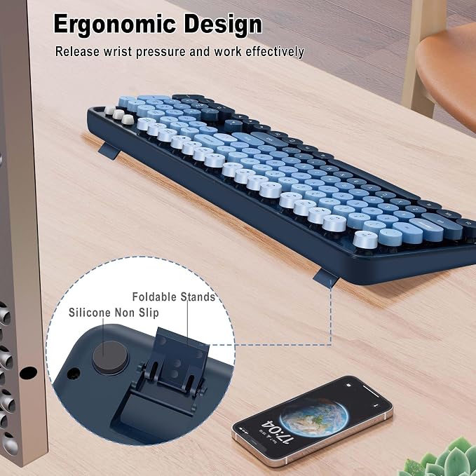 Wireless Keyboard and Mice Combo, Retro Round Keys Full-Sized Cute Keyboard - Image 3