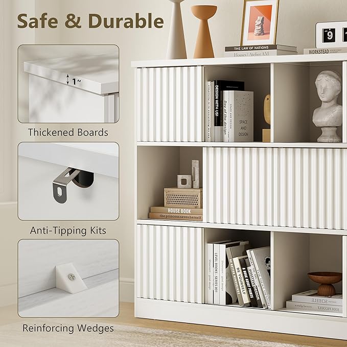 iPormis 12 Cube Bookcase with 6 Fluted Sliding Doors, 3 Tier Wooden Bookshelf - Image 8