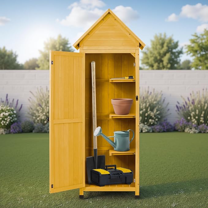 Wooden Outdoor Storage Cabinet, Tall Vertical Garden Tool Shed - Image 3