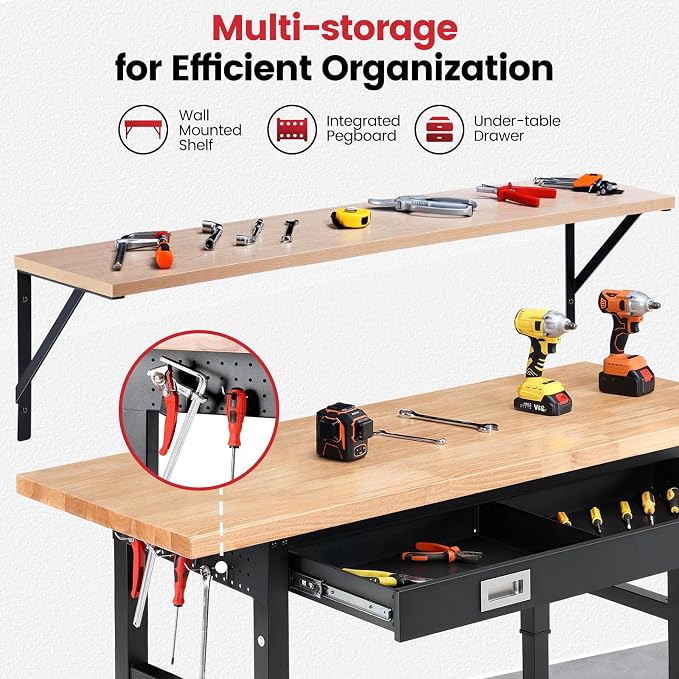 Work Bench with Shelf Bracket 60 Inch Heavy Duty Rubberwood Tabletop Workbench - Image 3
