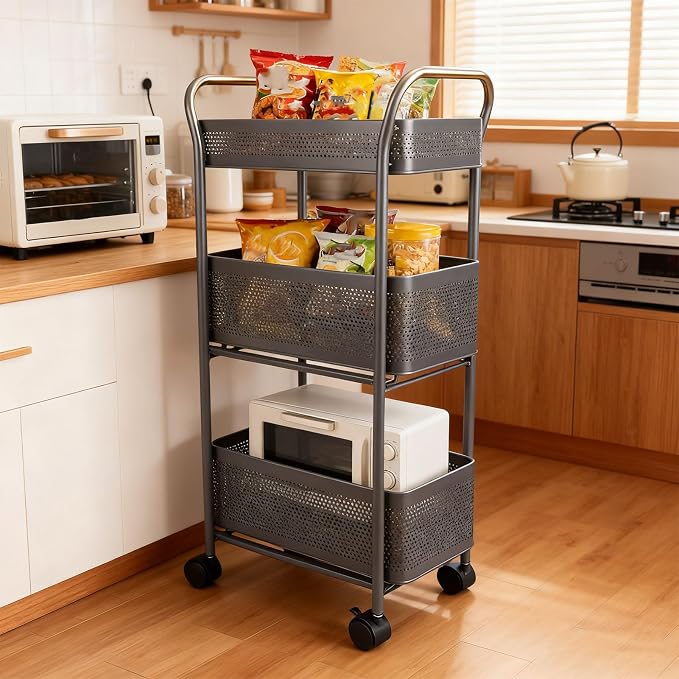 3 Tier Rolling Cart, Steel Multi Functional Movable Storage Organizer - Image 3