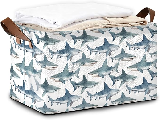 Sharks Storage Bin with Handles, Basket Storage Organizer by Oeaskly