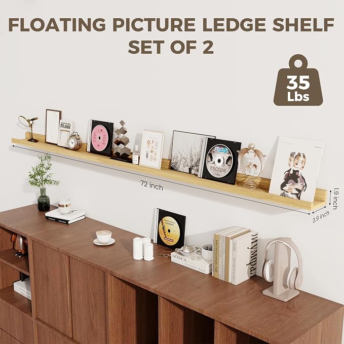 Axeman Oak Floating Shelves | 72 Inch Picture Ledge Shelf Set of 2 | Rustic Oak - Image 3