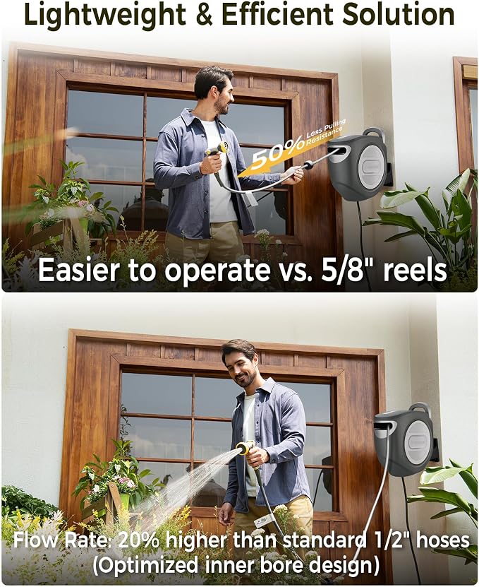 GLAHODEN Retractable Garden Hose Reel 1/2 in x 100 ft Upgraded UV Resistant - Image 4