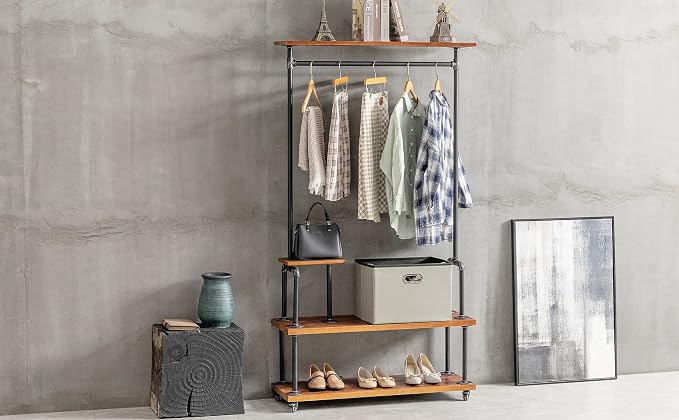 Industrial Clothing Rack, Pipe Style Rolling Garment Rack, Heavy Duty Steampunk - Image 3
