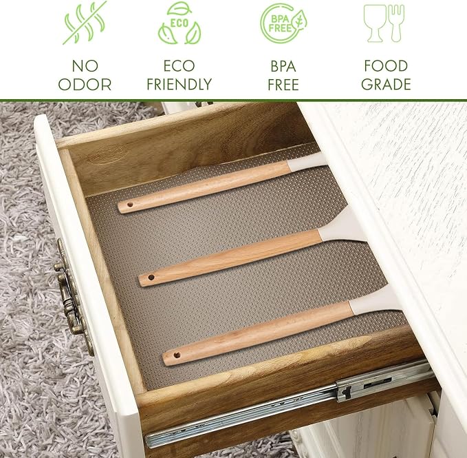 EVALAND Shelf Liners for Kitchen Cabinets Non-Adhesive 17.7" x 33 FT Beige - Image 2