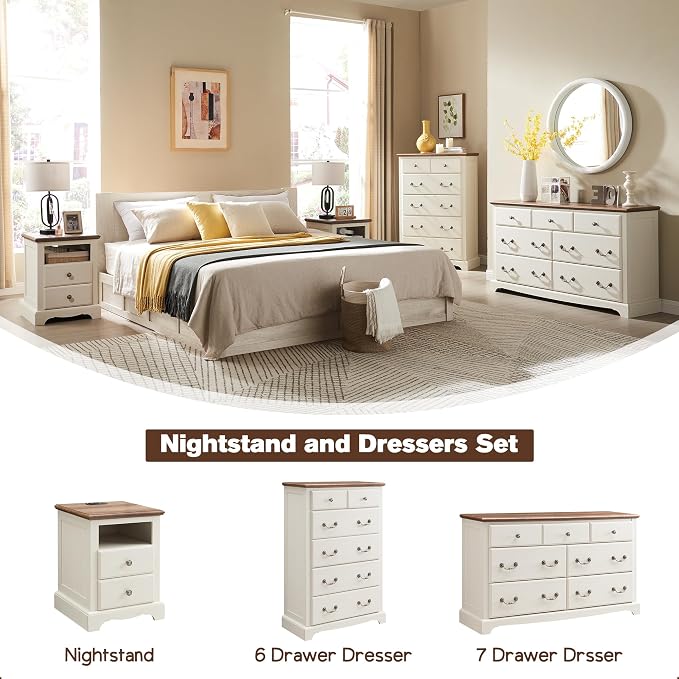 T4TREAM Nightstand with Charging Station, 18 Inch Vintage End Table with 2 - Image 7