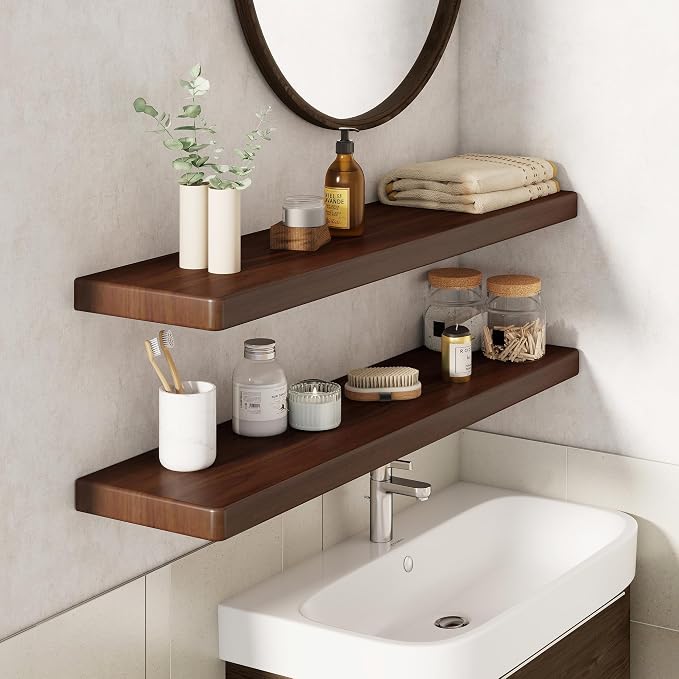 36" Rustic Walnut Wood Floating Shelves, 8 Inch Deep Wall Shelves - Image 2