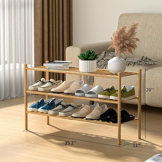 3-Tier Bamboo Long Shoe Rack, Free Standing Wood Shoe Shelf Storage Organizer - Image 3