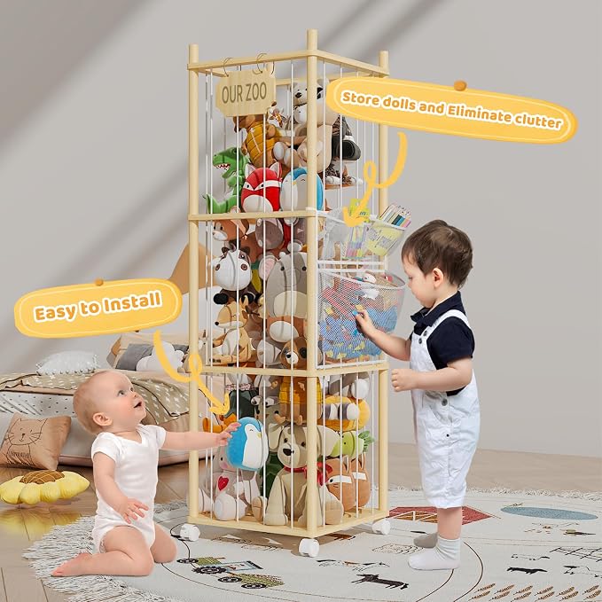 Stuffed Animal Storage with Net Wooden Toy Storage Organizer Stuffed Animal Zoo - Image 4