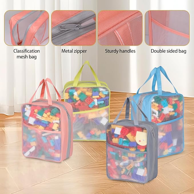 4 Pack Extra Large Mesh Toy Zipper Storage Bags, Magnetic Tiles Block Sets - Image 2