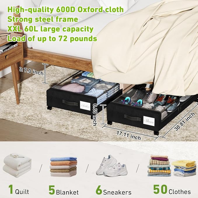 Under Bed Storage with Wheels, XXL 60L Under the Bed Storage Bins, Underbed - Image 2