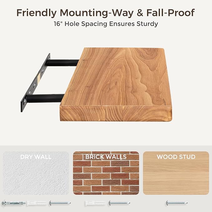 24" Rustic Elm Wood Floating Shelves, 8 Inch Deep Wall Shelves - Image 7