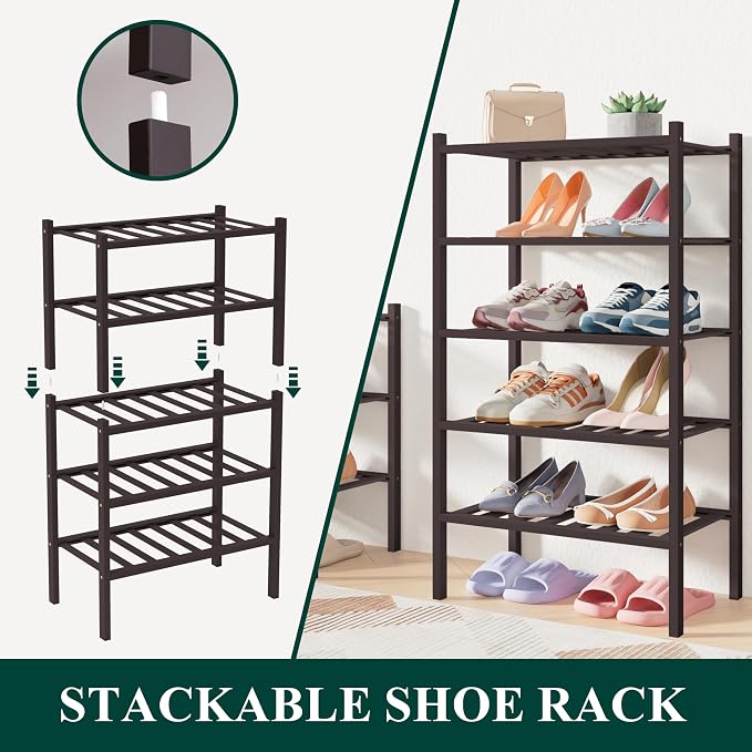 Smiry Bamboo Shoe Rack for Closet, 2 Tier Small Wooden Stackable Shoe Organizer - Image 4
